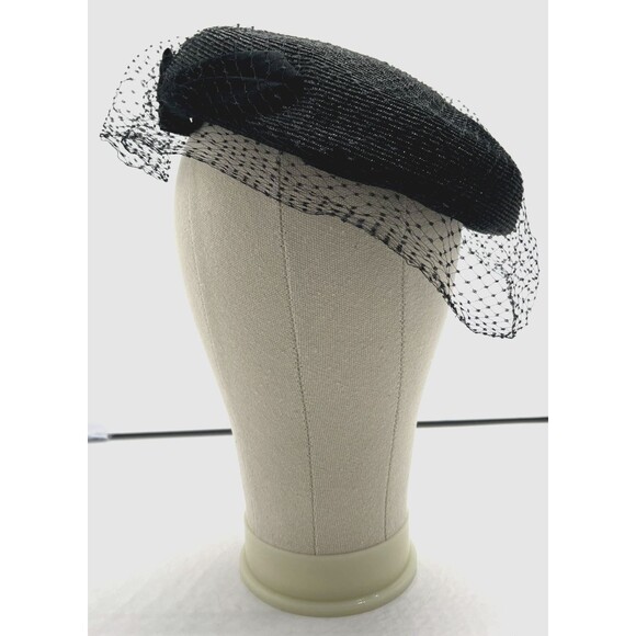 Vintage Valerie Modes Black Pillbox Hat 1950s Veiled Fascinator Bow Net Milliner - Picture 1 of 10